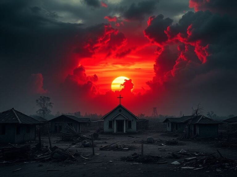 Flick International Burned church in a desolate Nigerian village symbolizing religious persecution