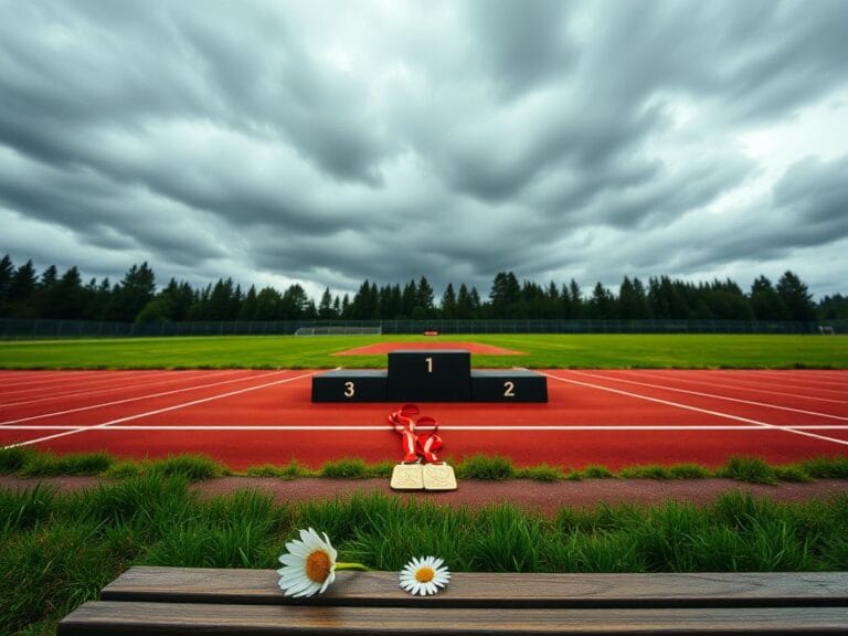 Flick International High school track and field medal podium under a cloudy Oregon sky