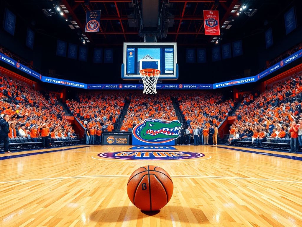 Flick International Dynamic scene of an empty basketball court showcasing a towering hoop at 7 feet, 9 inches with a basketball on the floor