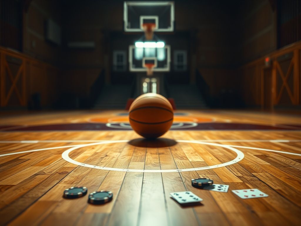 Flick International A close-up of an empty basketball on a spotlighted court with a blurred family home in the background