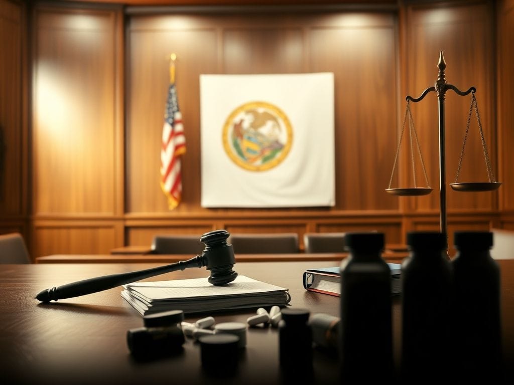 Flick International A well-lit courtroom scene featuring a gavel and legal documents symbolizing the trial over mifepristone.