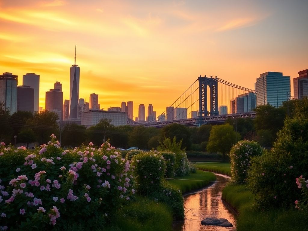 Flick International Serene urban landscape at dusk featuring iconic elements from New Jersey, Virginia, and New York City with a lush park in the foreground