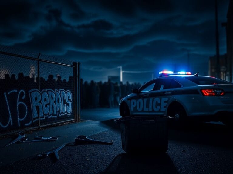 Flick International Police car with flashing lights parked on a dark street beside a trash bin and open scissors, symbolizing an alleged violent incident.