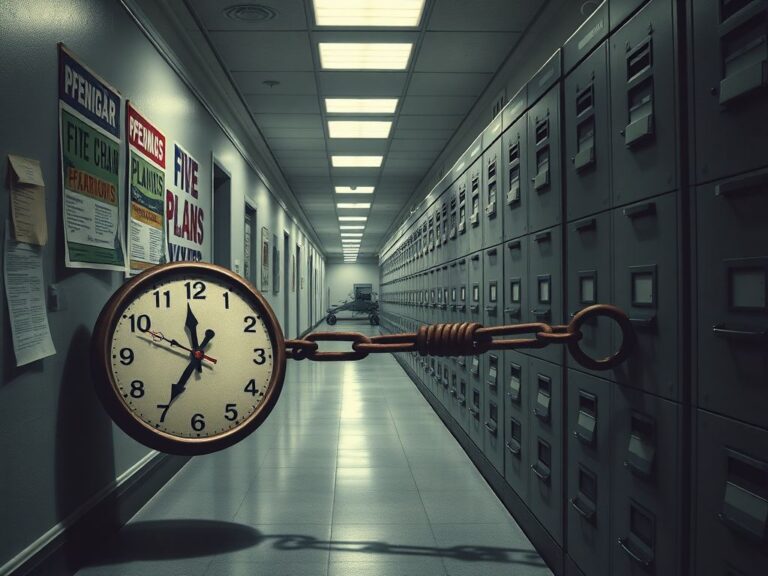 Flick International A dimly lit Pentagon hallway filled with outdated bureaucratic paperwork and dusty filing cabinets, symbolizing inefficiency