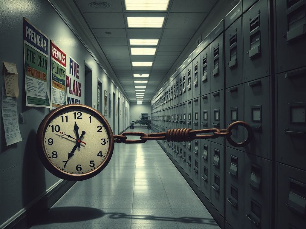 Flick International A dimly lit Pentagon hallway filled with outdated bureaucratic paperwork and dusty filing cabinets, symbolizing inefficiency