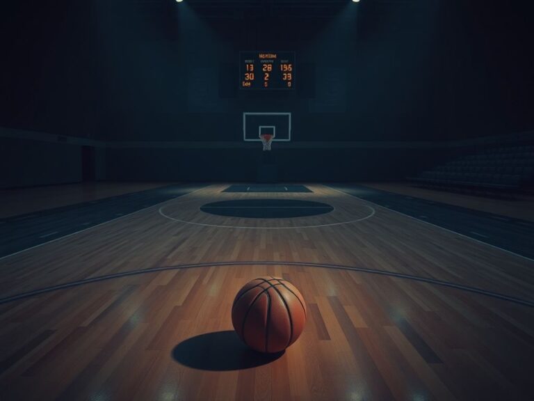 Flick International Empty basketball court with a single basketball resting on the polished floor, creating a sense of tension and uncertainty.