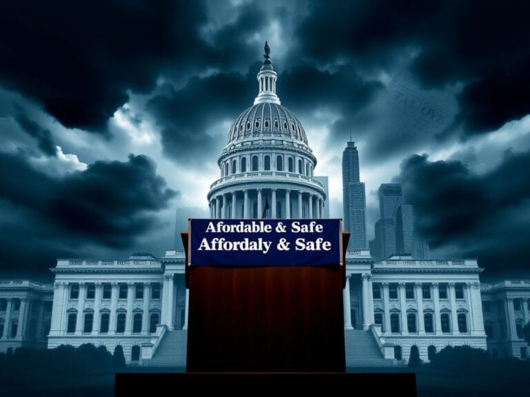 Flick International Dramatic representation of the New York State Capitol with an empty podium and campaign banner