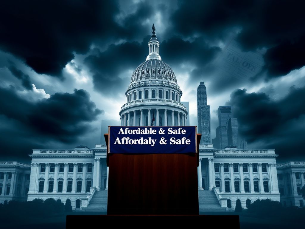 Flick International Dramatic representation of the New York State Capitol with an empty podium and campaign banner