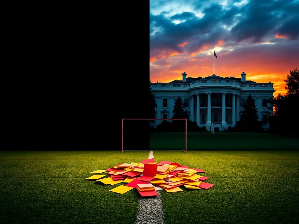Flick International Split image showcasing tension between sports and politics with FIFA logo and White House silhouette