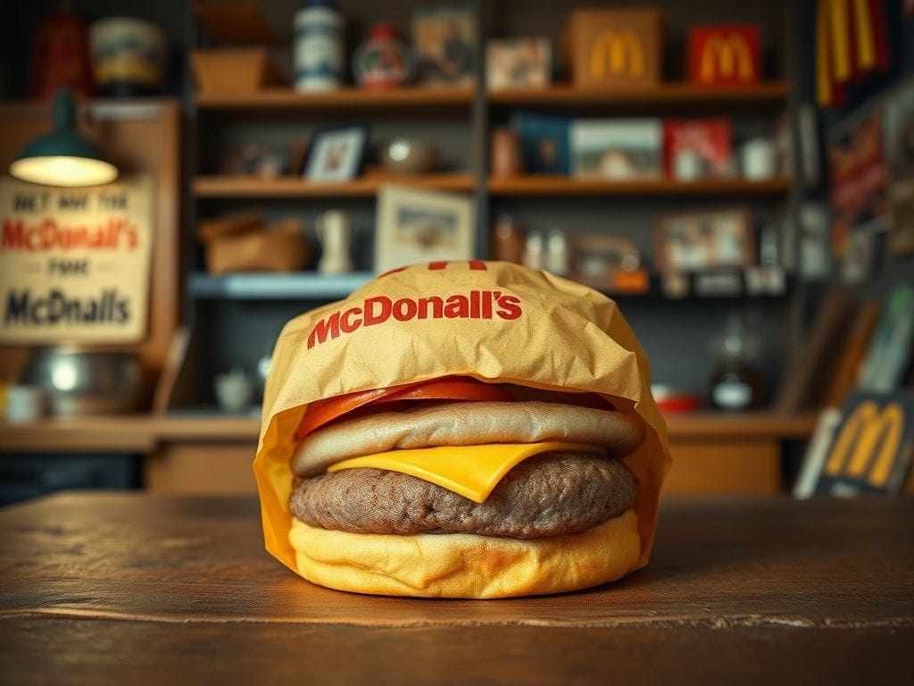 Flick International Close-up of a well-preserved McDonald's Quarter Pounder burger from 1993, wrapped in its original waxy paper.