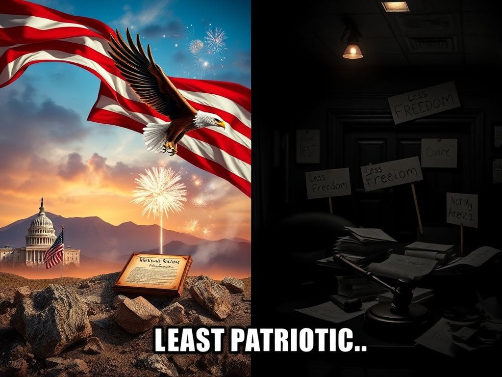 Flick International A split-scene depicting contrasting symbols of patriotism and anti-patriotism, featuring an American flag and political protest signs