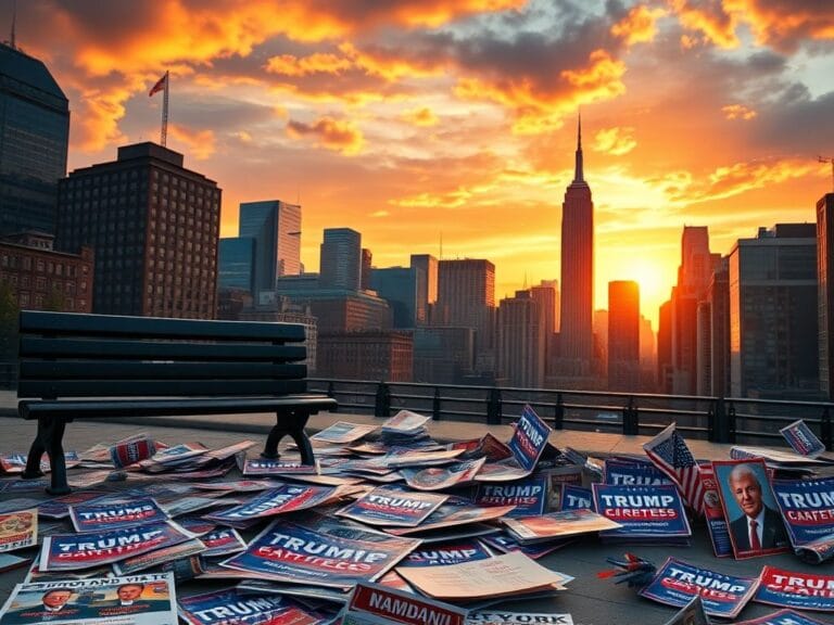 Flick International A sunset over New York City showcasing the Empire State Building amidst a politically charged environment with scattered campaign materials.