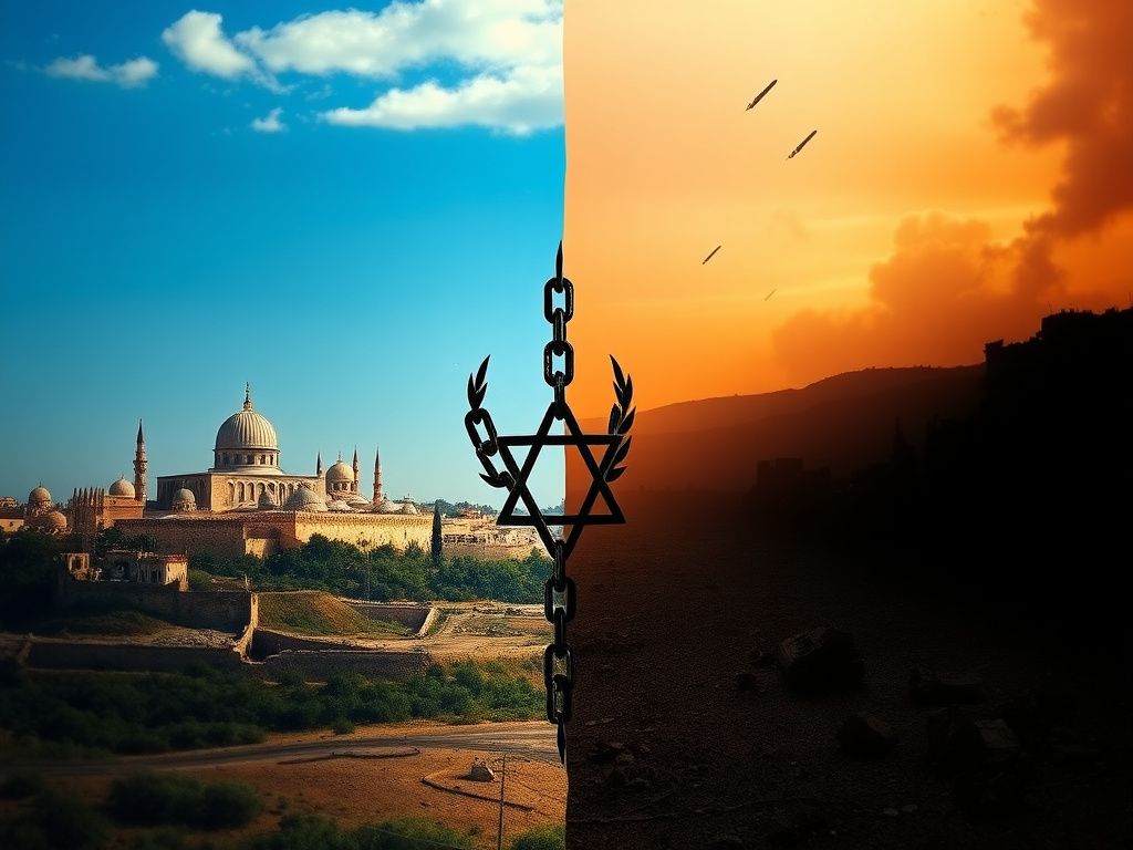 Flick International A dramatic scene contrasting the vibrant Israeli landscape with a war-torn region, highlighting themes of resilience and conflict.