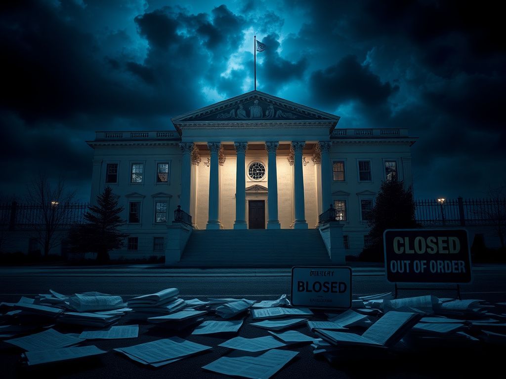 Flick International Darkened government building with broken windows, illuminated by flickering lights during a shutdown