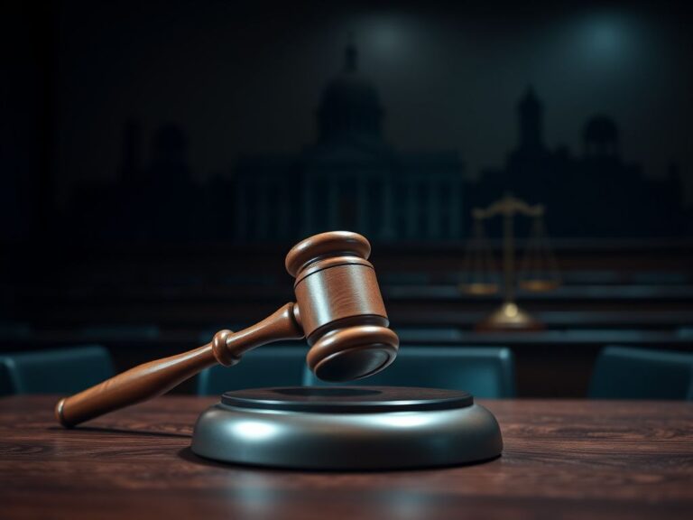 Flick International Dramatic courtroom setting with a large wooden gavel symbolizing justice