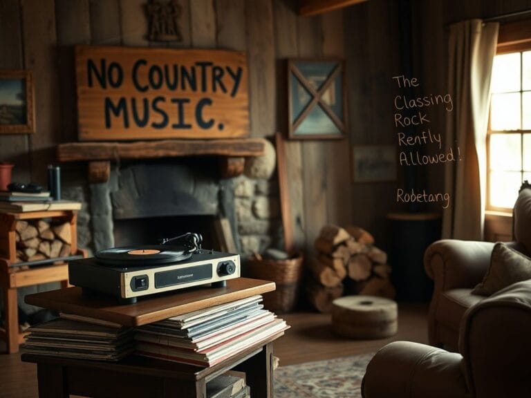 Flick International A rustic living room featuring a vintage record player and a humorous sign banning country music