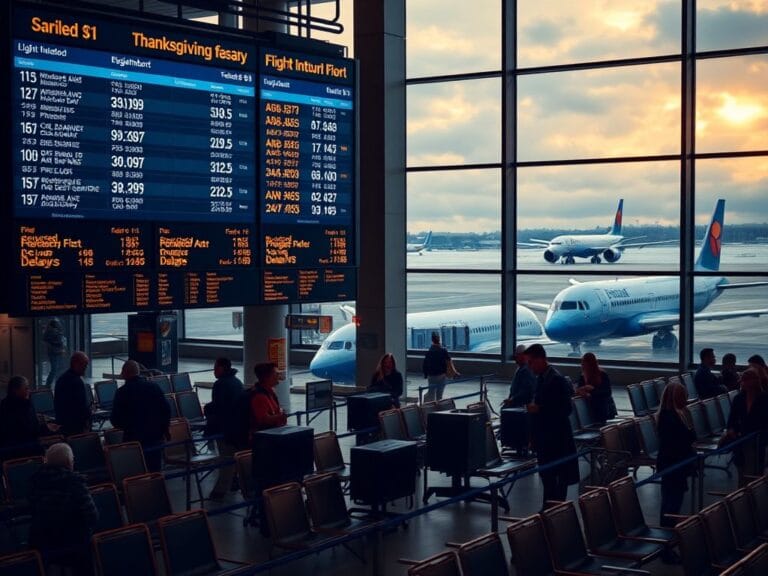 Flick International Bustling airport scene during Thanksgiving travel surge with reduced flight information