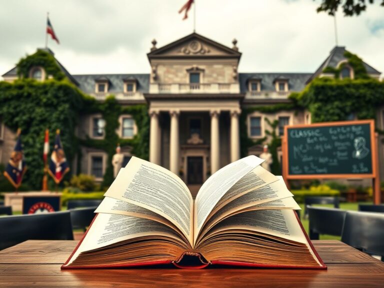 Flick International Classic military academy setting featuring grand ivy-covered architecture and an open book symbolizing classical education