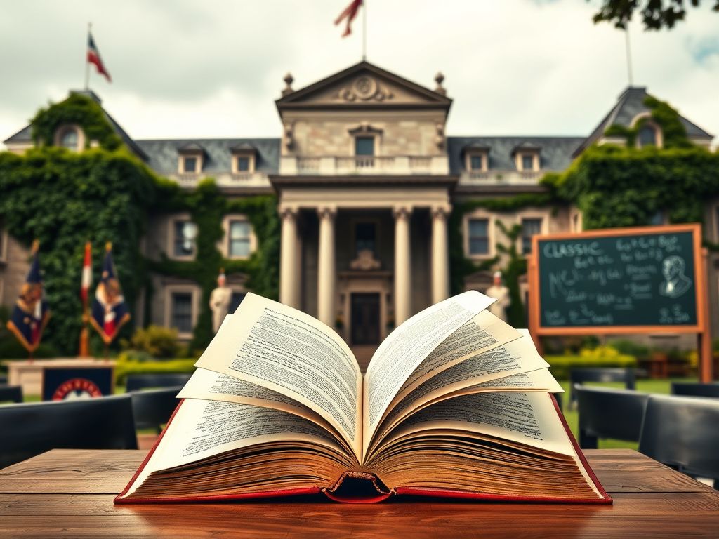 Flick International Classic military academy setting featuring grand ivy-covered architecture and an open book symbolizing classical education