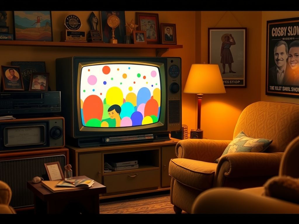 Flick International A nostalgic living room scene featuring an old television set displaying colorful abstract patterns reminiscent of family sitcoms