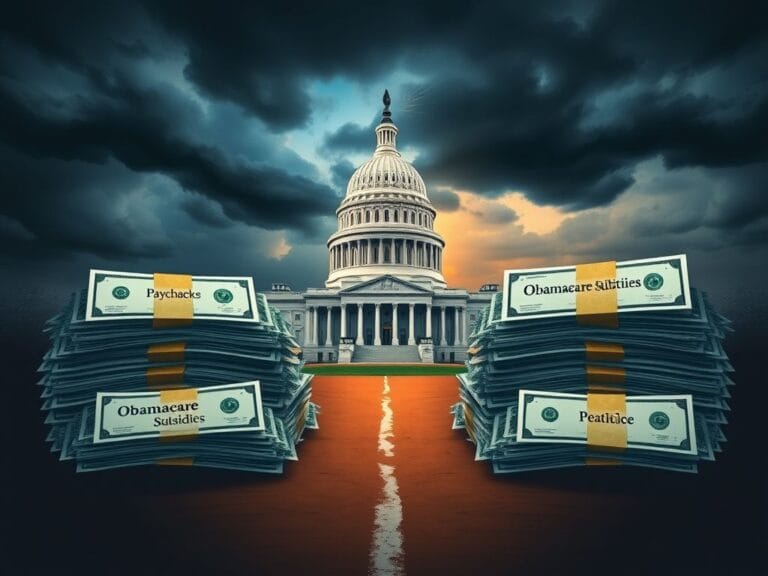 Flick International A split pathway leading to contrasting piles of bills with U.S. Capitol in the background, representing political standoff during a government shutdown.