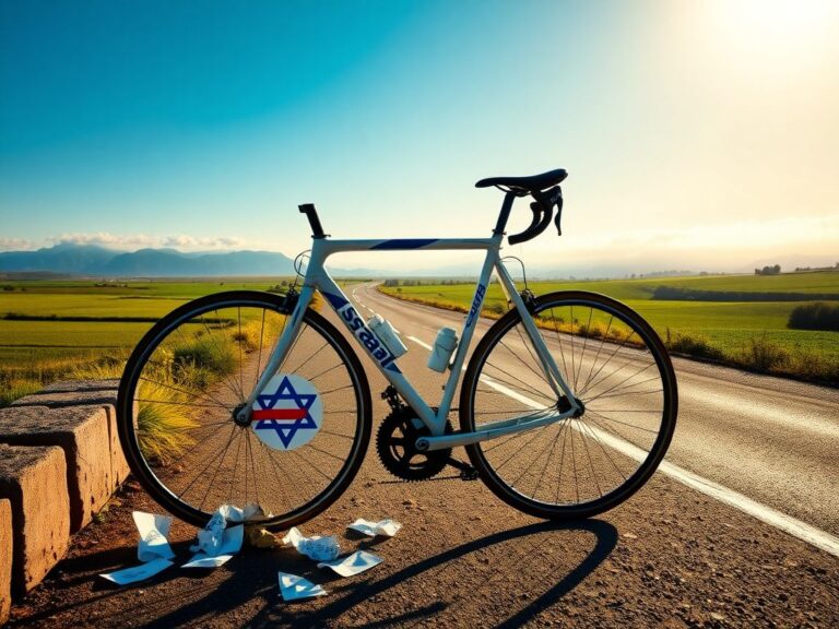 Flick International A racing bicycle against a stone barrier with crumpled papers symbolizing the controversial name change of an Israeli cycling team
