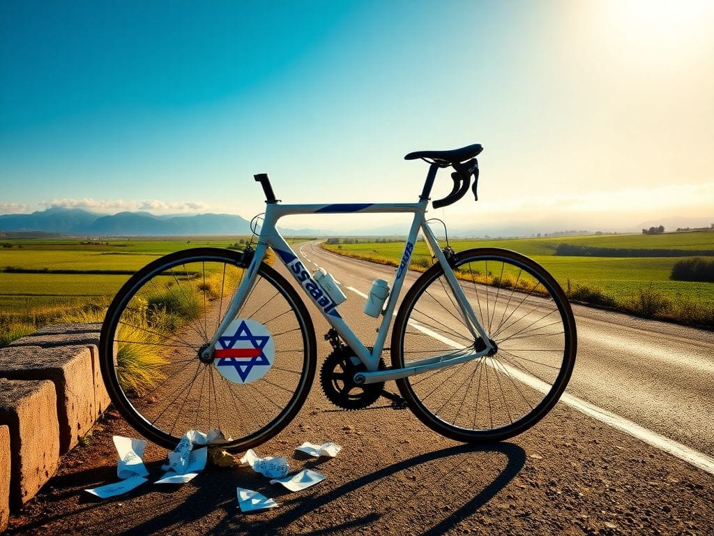 Flick International A racing bicycle against a stone barrier with crumpled papers symbolizing the controversial name change of an Israeli cycling team