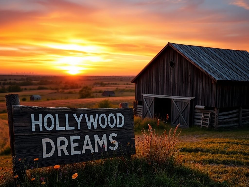 Flick International Rustic Southern landscape at sunset with an old wooden barn and a weathered sign