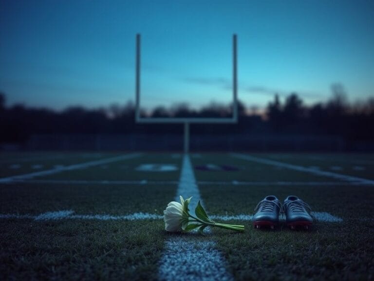 Flick International A somber football field at twilight with a wilted flower and empty cleats