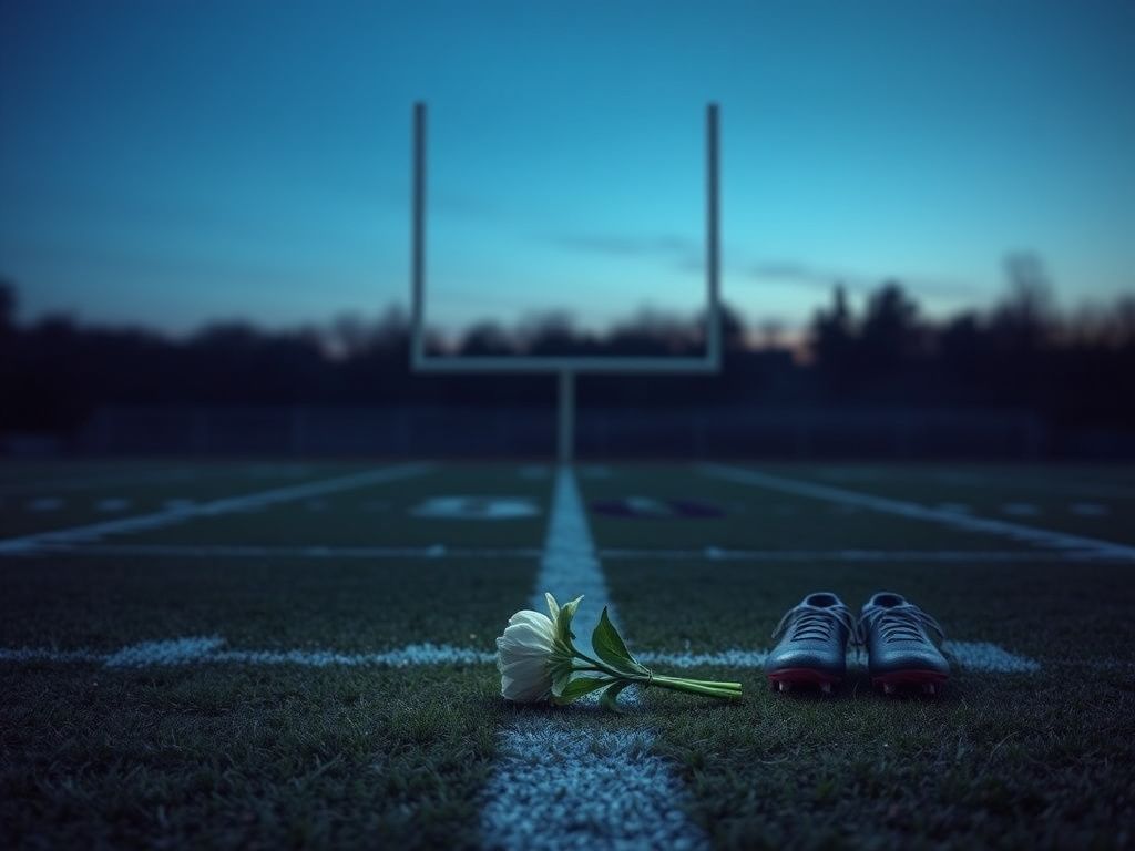 Flick International A somber football field at twilight with a wilted flower and empty cleats