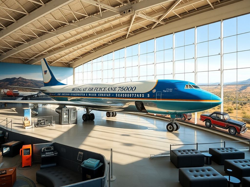 Flick International A majestic Boeing 707 Air Force One displayed inside a glass pavilion with the Simi Valley hills in the background