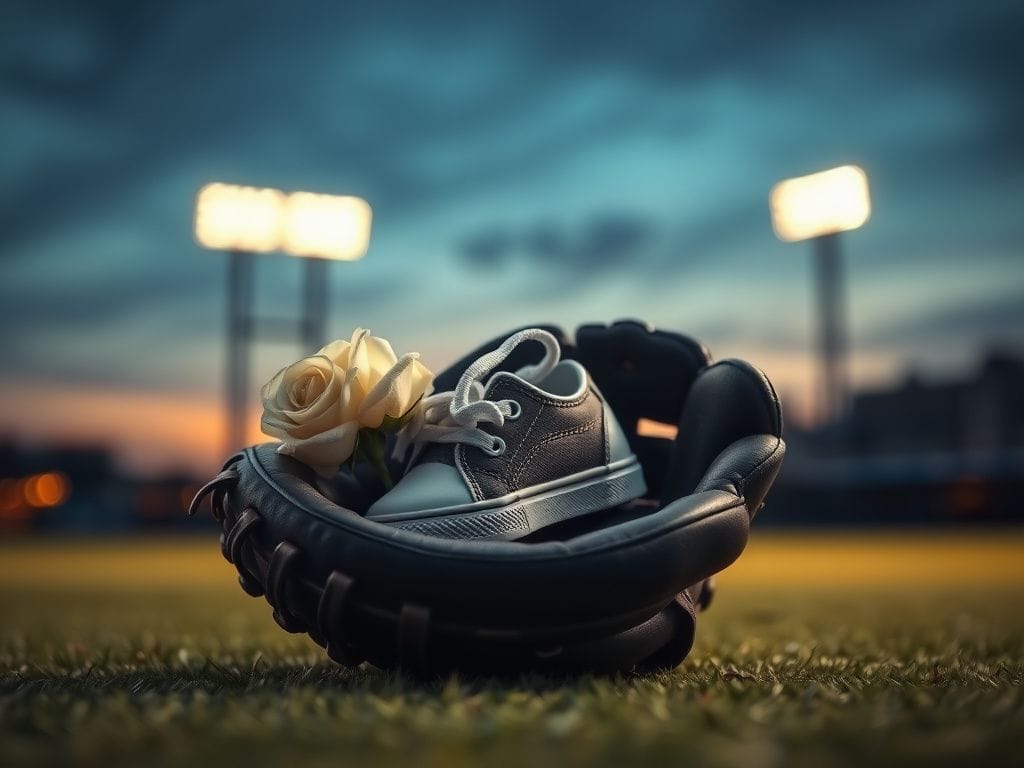 Flick International A baseball glove holding a small baby shoe with a white rose beside it, symbolizing loss.