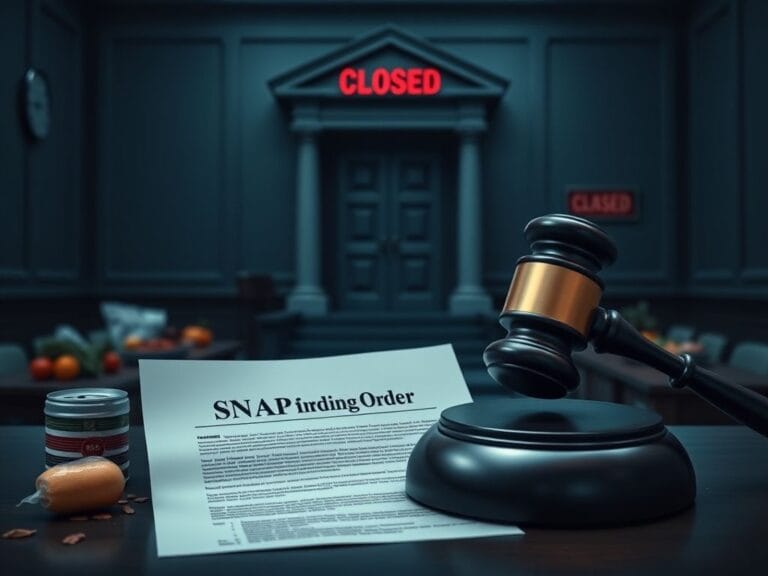 Flick International A gavel resting on a judge's bench with a SNAP Funding Order document in a somber courtroom setting