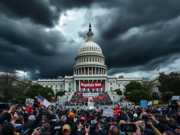 Flick International Crowd of media reporters and microphones outside the U.S. Capitol building with stormy clouds overhead