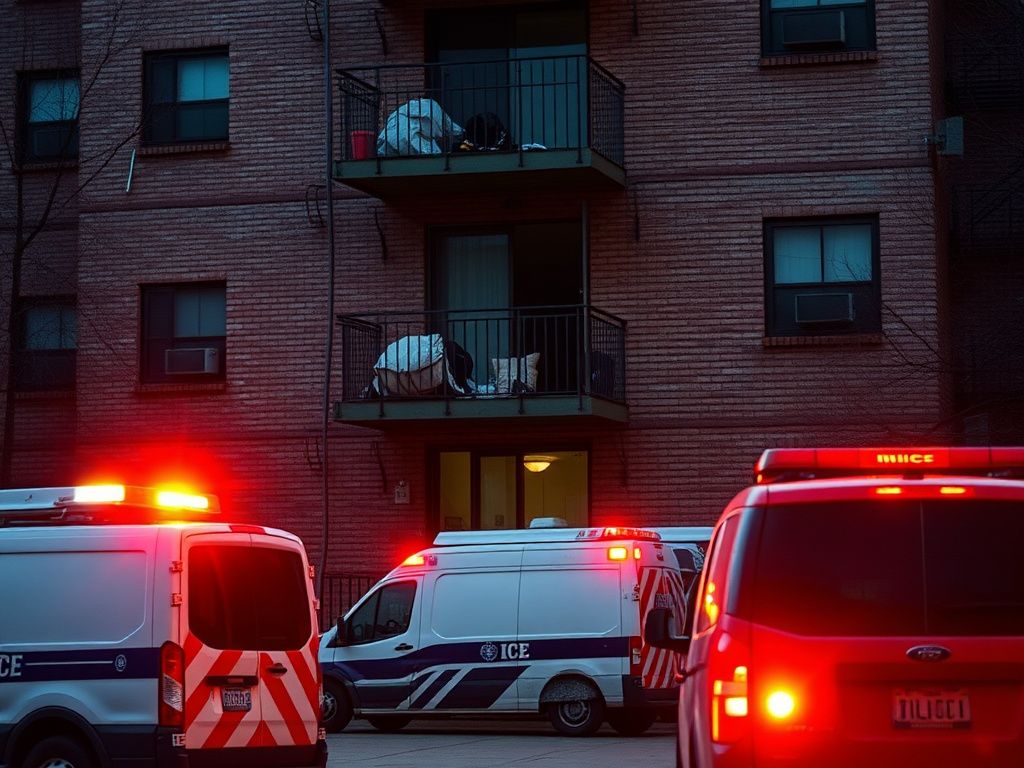 Flick International Chicago apartment building with empty third-floor balcony indicating an escape attempt during ICE arrest