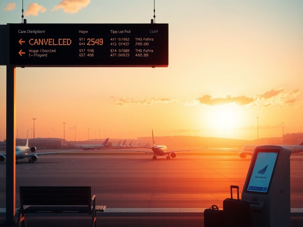 Flick International Serene airport scene at dawn with empty runway and canceled flight notices