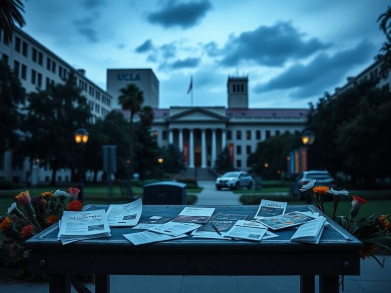 Flick International Empty scholarship application desk with identity-conscious scholarship brochures at UCLA campus.