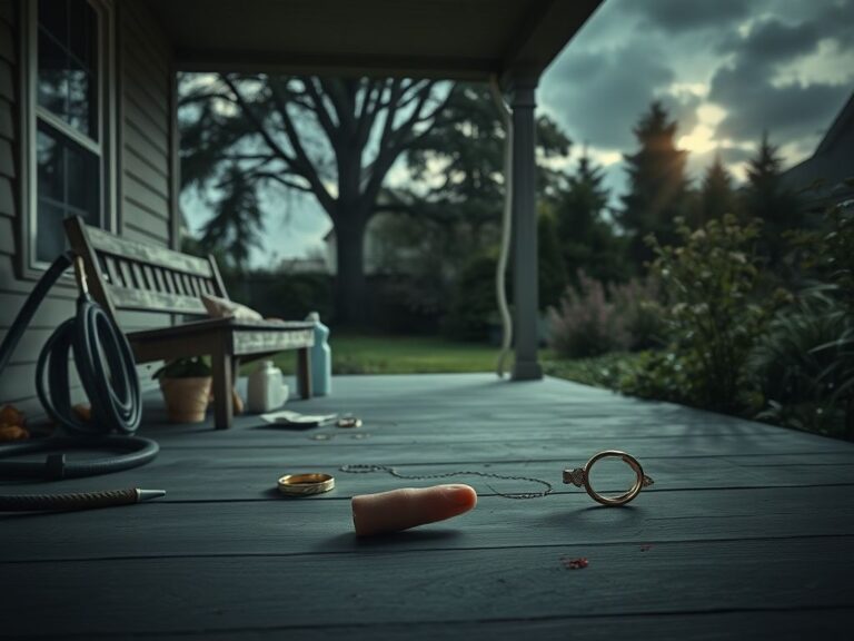Flick International Dimly lit back porch with a weathered wooden bench and a small bloodstained finger on the floor