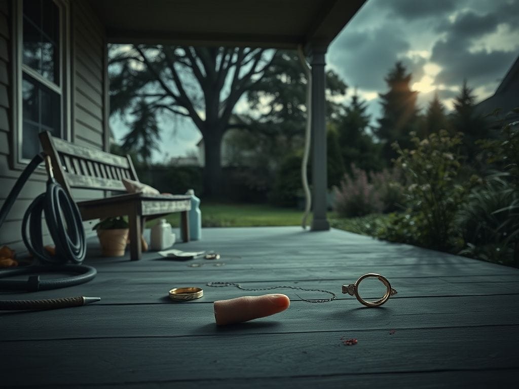 Flick International Dimly lit back porch with a weathered wooden bench and a small bloodstained finger on the floor