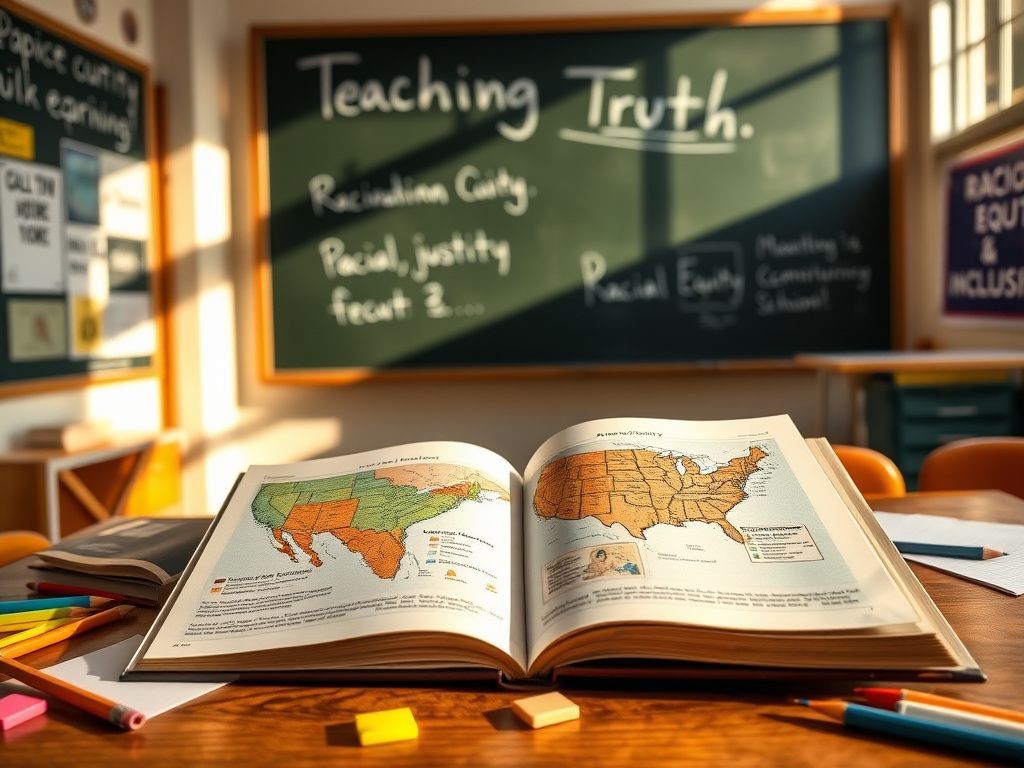Flick International Classroom scene with open history textbook illustrating key moments in American history focusing on racial justice