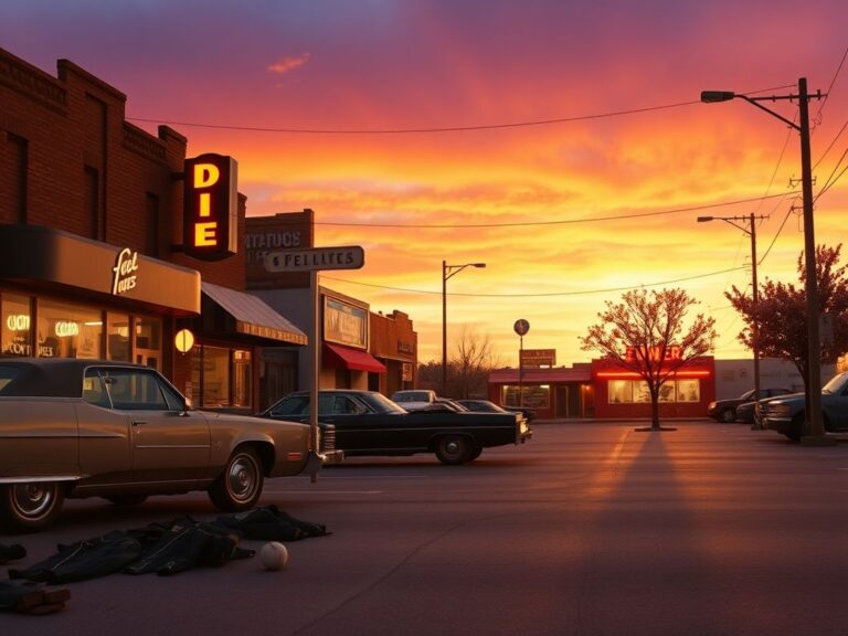 Flick International Nostalgic street scene from 'The Outsiders' film set with vintage cars and cherry blossom tree