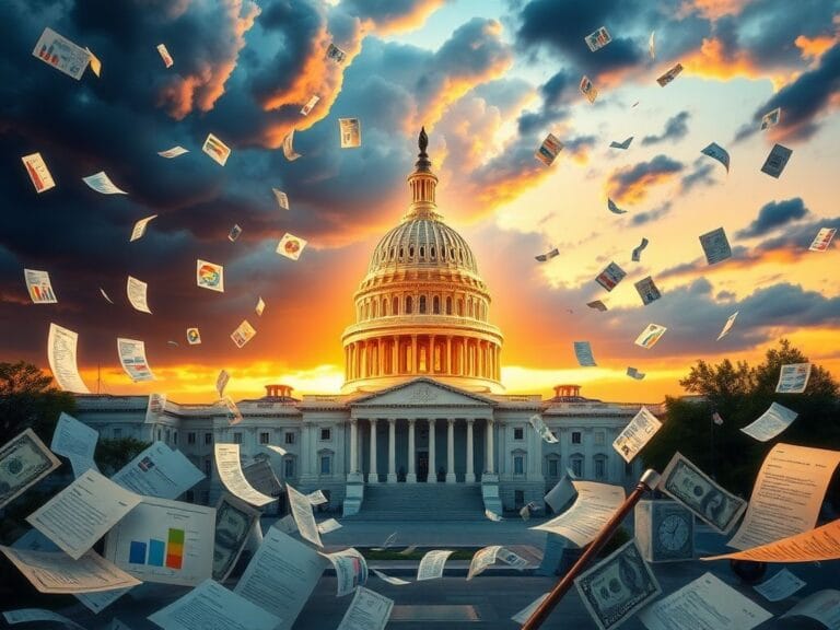 Flick International U.S. Capitol building at dusk surrounded by legislative papers and charts