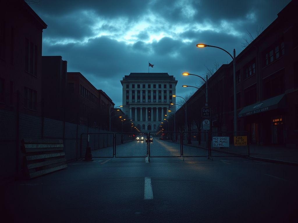 Flick International Empty urban street in Portland illuminated by streetlights, signifying aftermath of protests