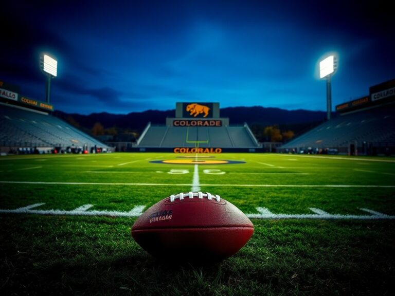 Flick International Dramatic football stadium scene at dusk with illuminated field and Colorado Buffaloes logo