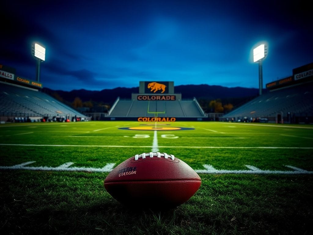 Flick International Dramatic football stadium scene at dusk with illuminated field and Colorado Buffaloes logo
