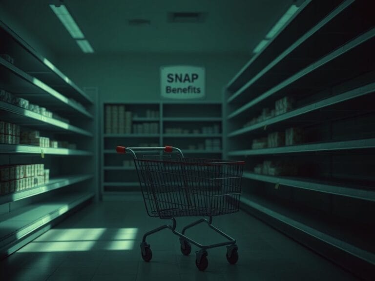 Flick International Empty grocery store aisle showcasing food scarcity due to funding issues