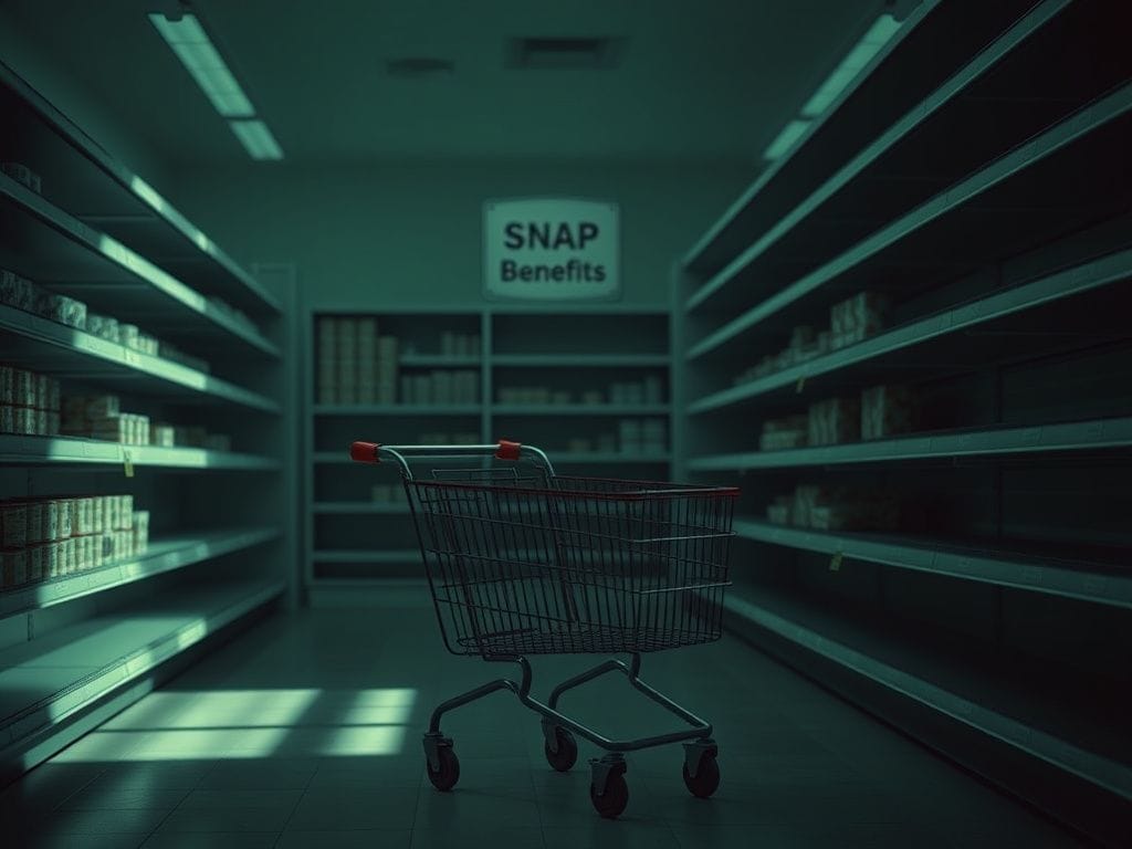 Flick International Empty grocery store aisle showcasing food scarcity due to funding issues