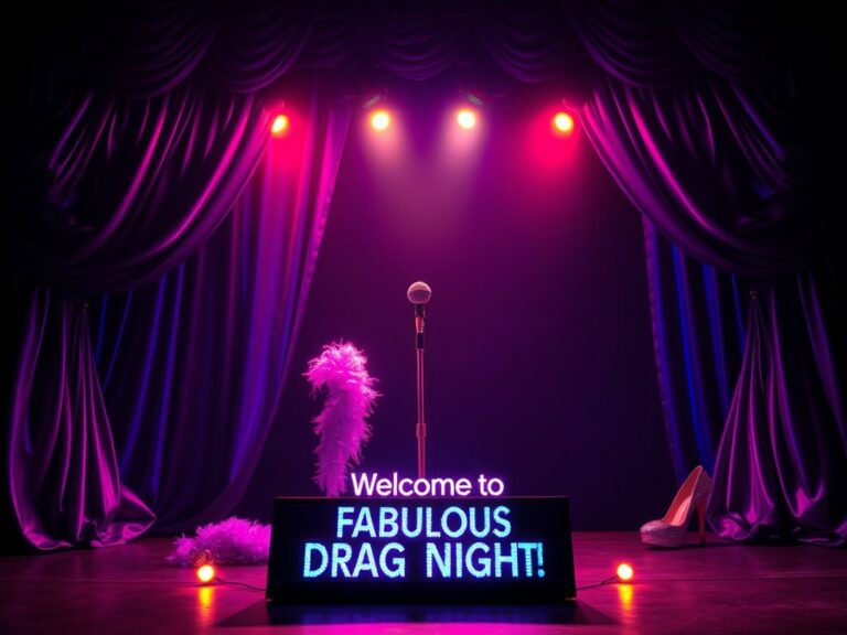 Flick International A vibrant stage setting for a drag performance with colorful curtains and props.