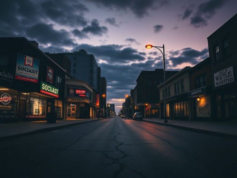 Flick International Moody urban landscape at dusk depicting political division in a city street.