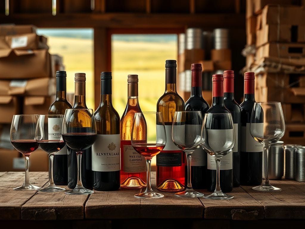 Flick International Close-up of various wine bottles and glasses on a rustic wooden table, illustrating the US wine industry's challenges.
